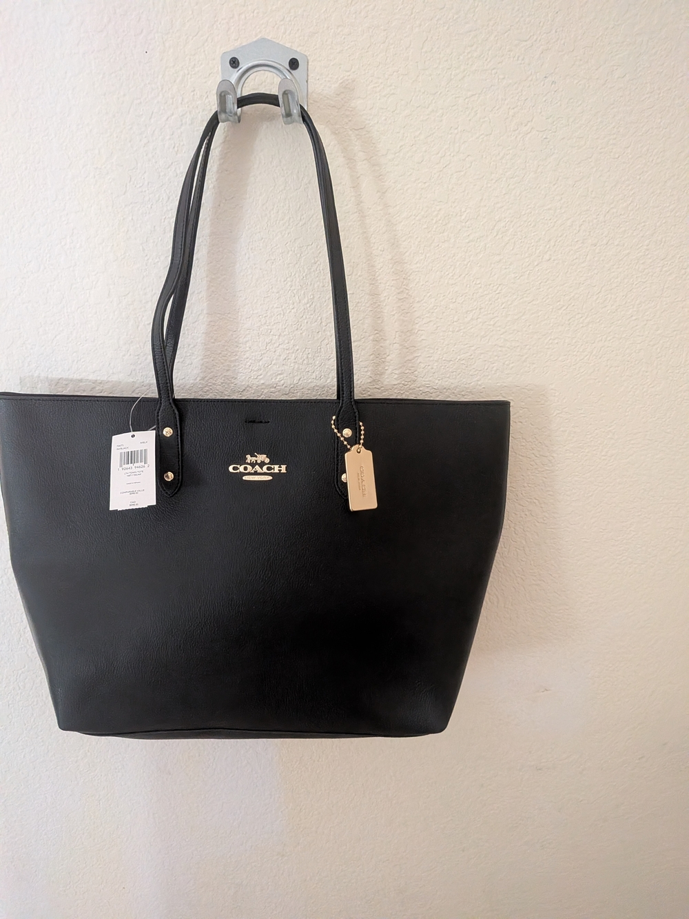 COACH Black Leather Tote with Gold Logo Tag